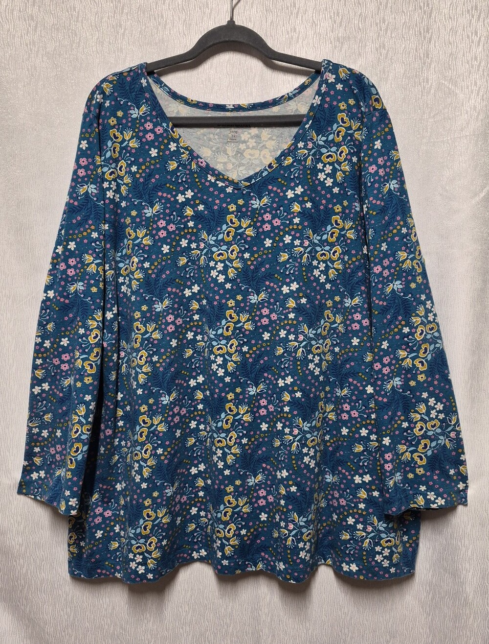 Woman Within Women's Floral Tunic Tee Blue 100% Cotton V-Neck Long Sleeve Sz 3X